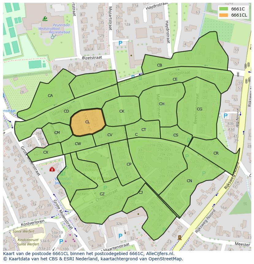 Afbeelding van het postcodegebied 6661 CL op de kaart.