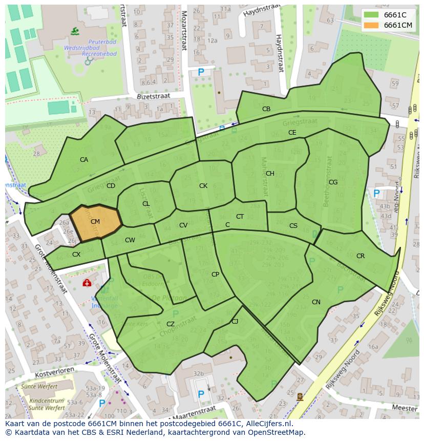 Afbeelding van het postcodegebied 6661 CM op de kaart.