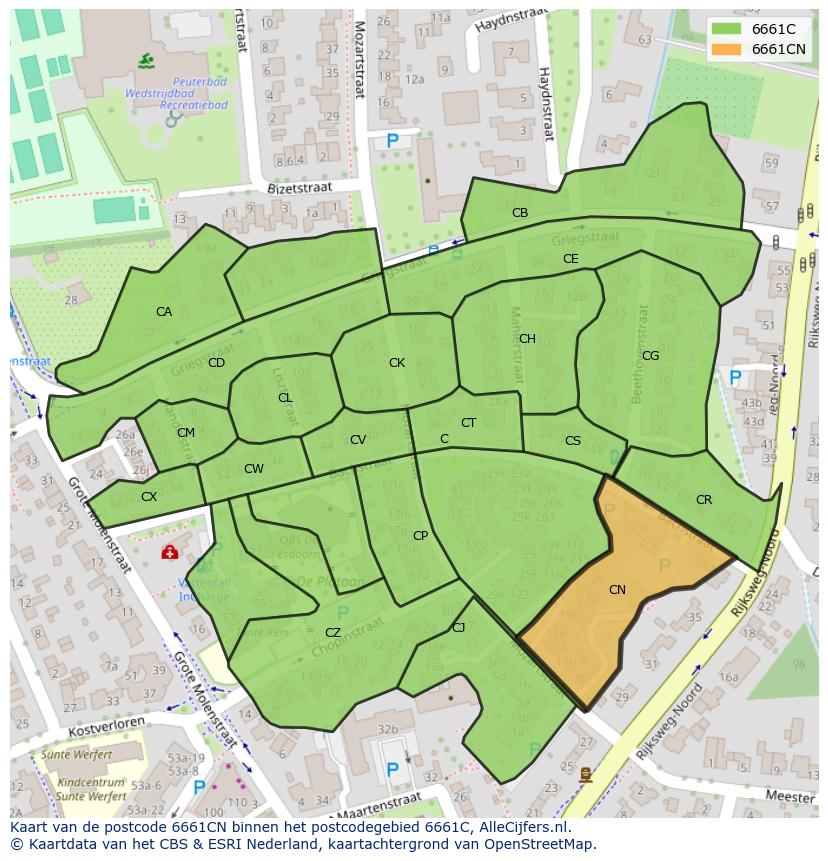 Afbeelding van het postcodegebied 6661 CN op de kaart.