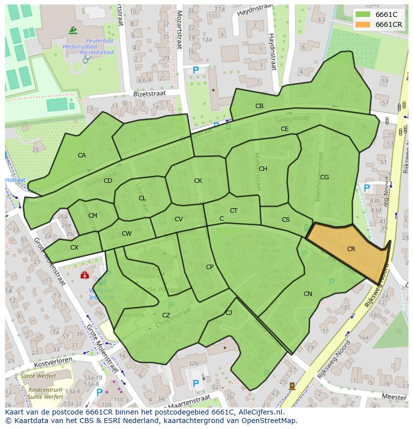 Afbeelding van het postcodegebied 6661 CR op de kaart.