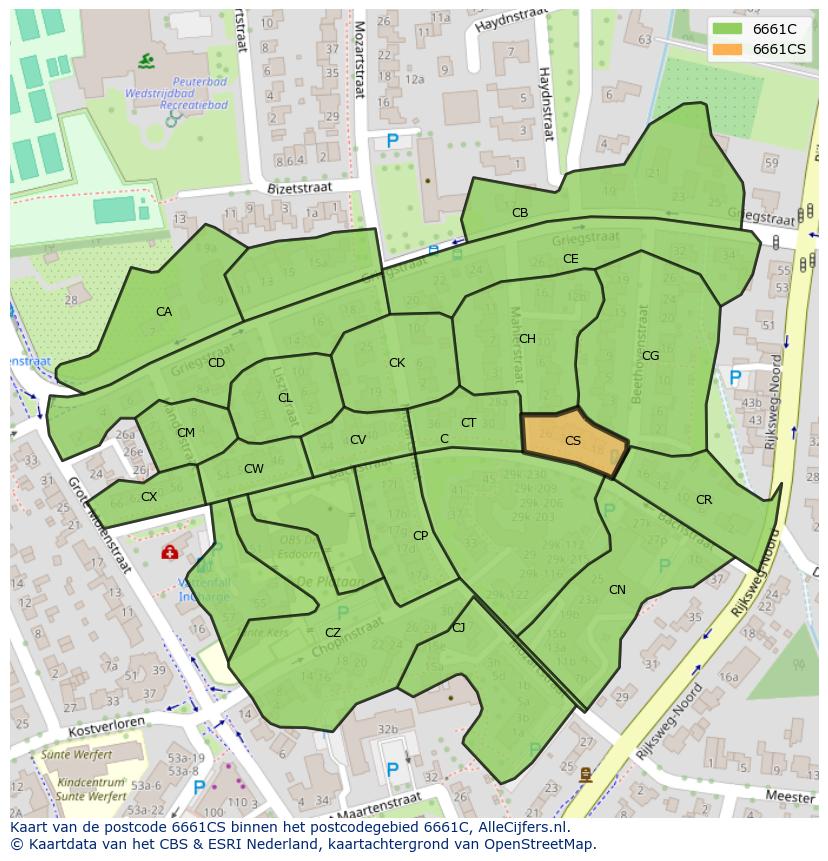 Afbeelding van het postcodegebied 6661 CS op de kaart.