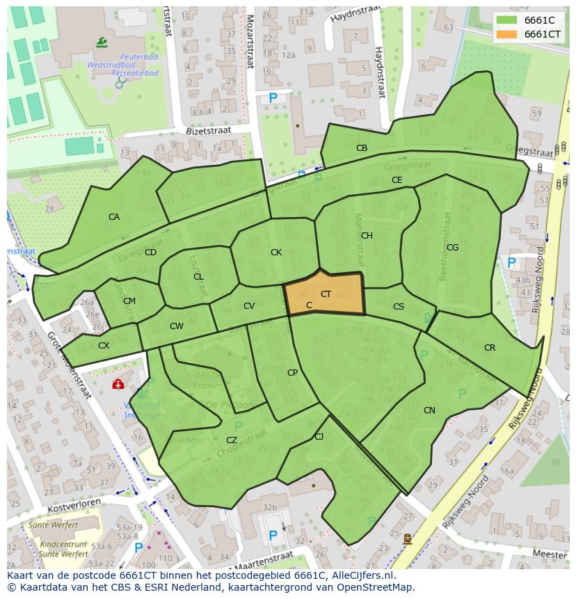 Afbeelding van het postcodegebied 6661 CT op de kaart.
