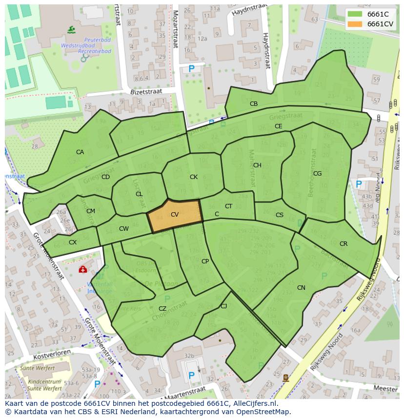 Afbeelding van het postcodegebied 6661 CV op de kaart.