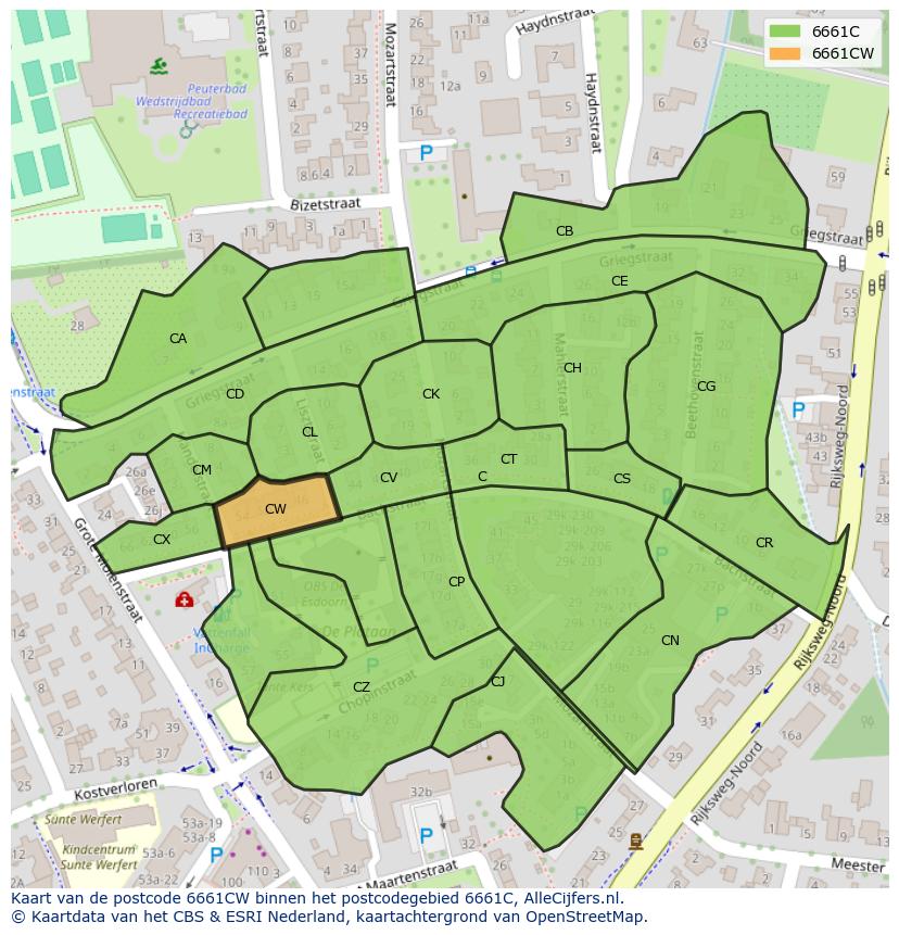 Afbeelding van het postcodegebied 6661 CW op de kaart.