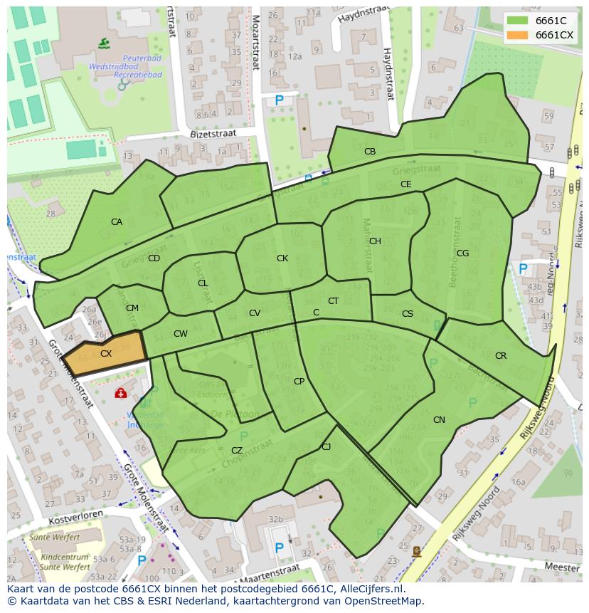 Afbeelding van het postcodegebied 6661 CX op de kaart.