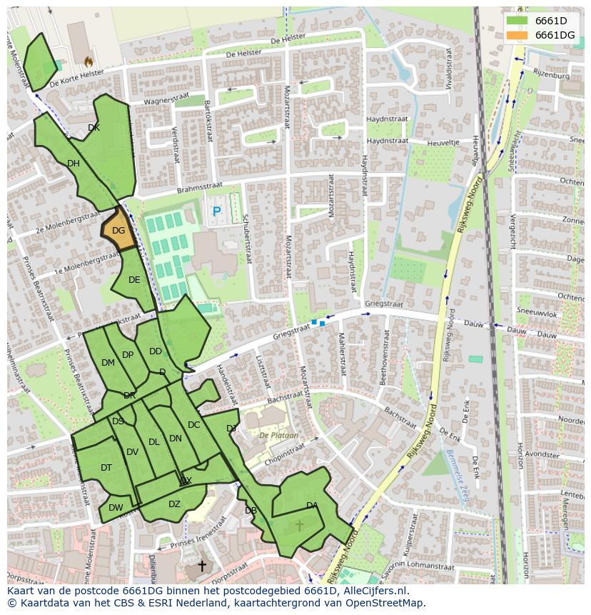 Afbeelding van het postcodegebied 6661 DG op de kaart.