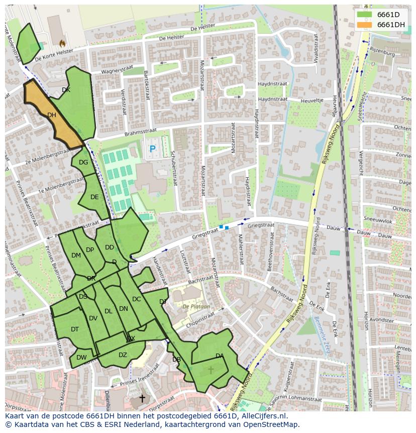 Afbeelding van het postcodegebied 6661 DH op de kaart.