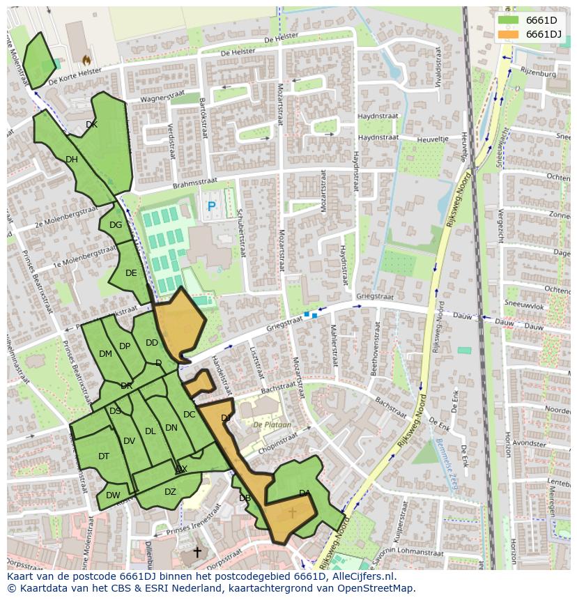 Afbeelding van het postcodegebied 6661 DJ op de kaart.