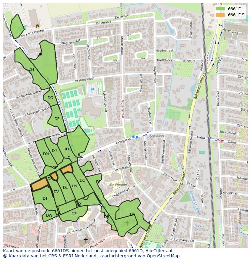 Afbeelding van het postcodegebied 6661 DS op de kaart.