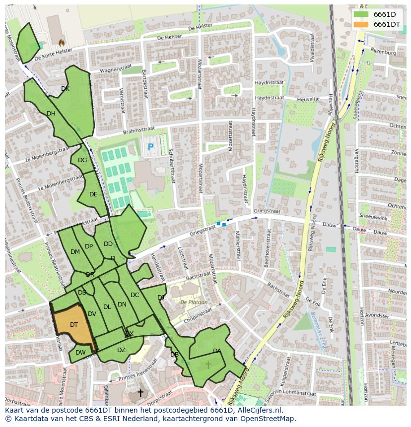 Afbeelding van het postcodegebied 6661 DT op de kaart.