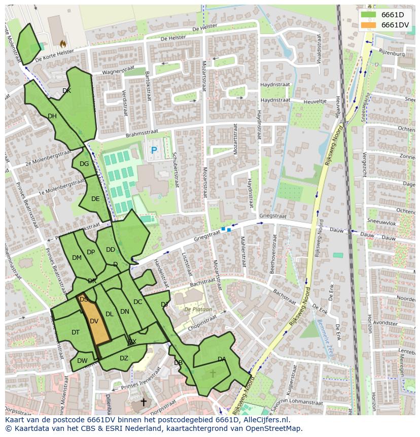 Afbeelding van het postcodegebied 6661 DV op de kaart.