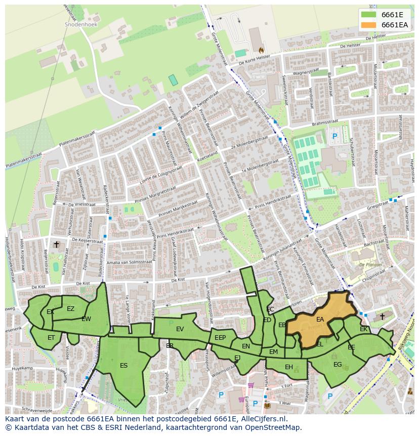 Afbeelding van het postcodegebied 6661 EA op de kaart.