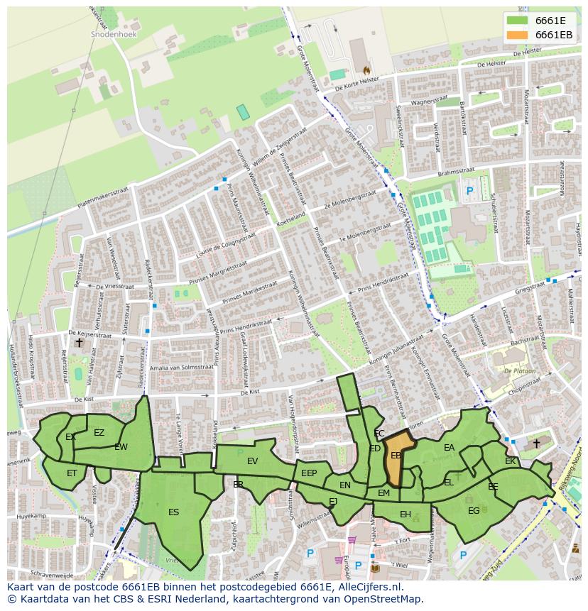 Afbeelding van het postcodegebied 6661 EB op de kaart.