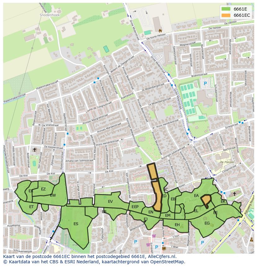 Afbeelding van het postcodegebied 6661 EC op de kaart.