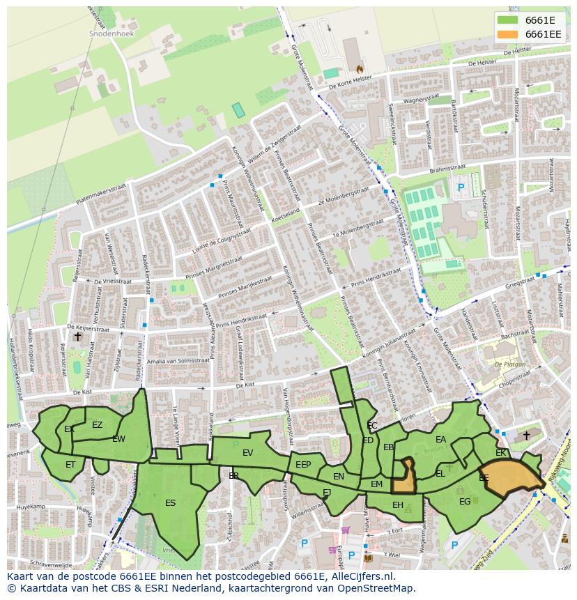 Afbeelding van het postcodegebied 6661 EE op de kaart.