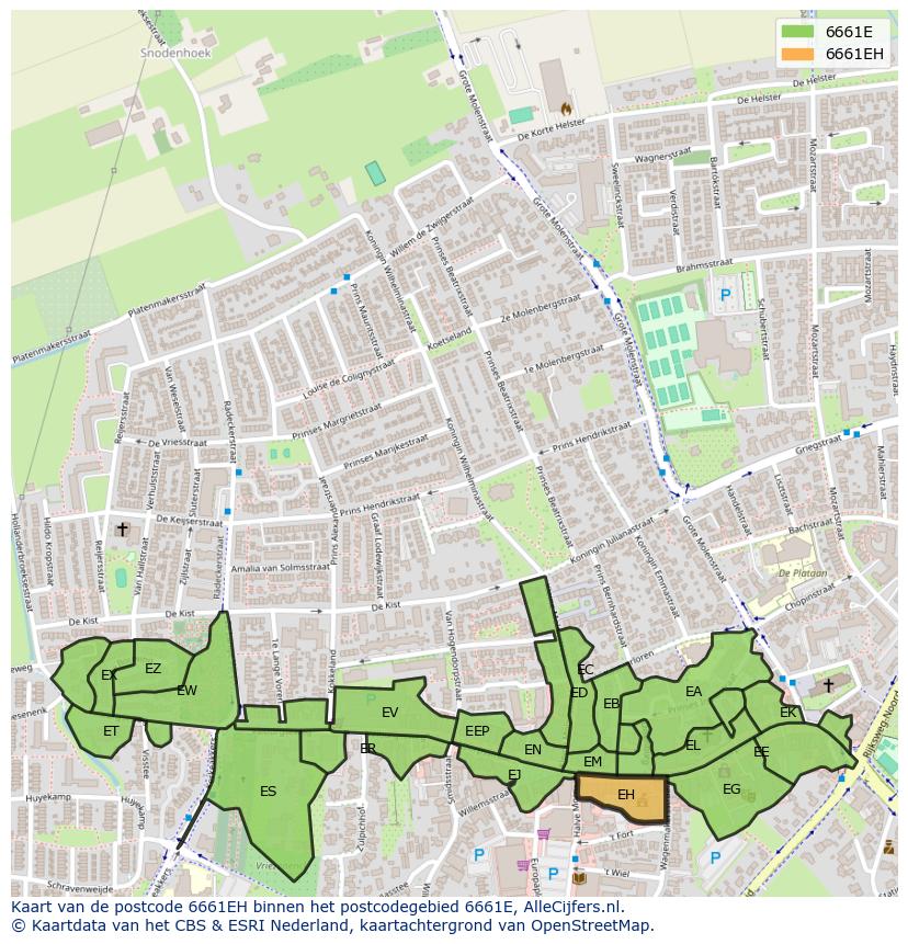 Afbeelding van het postcodegebied 6661 EH op de kaart.