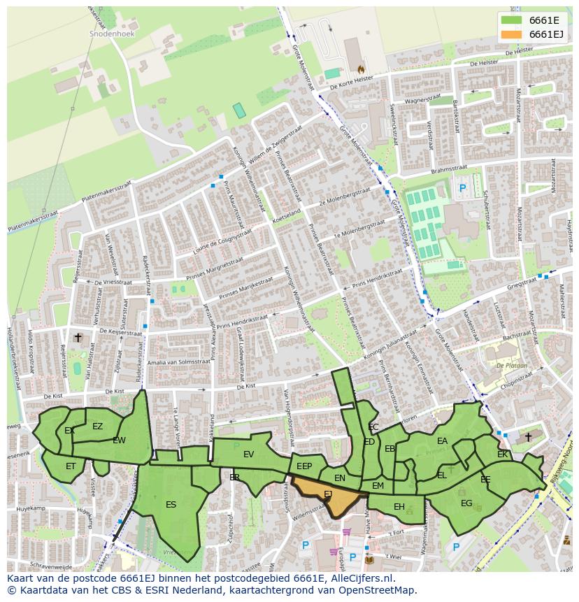 Afbeelding van het postcodegebied 6661 EJ op de kaart.