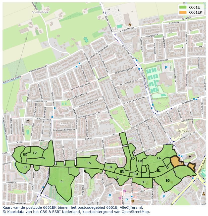 Afbeelding van het postcodegebied 6661 EK op de kaart.