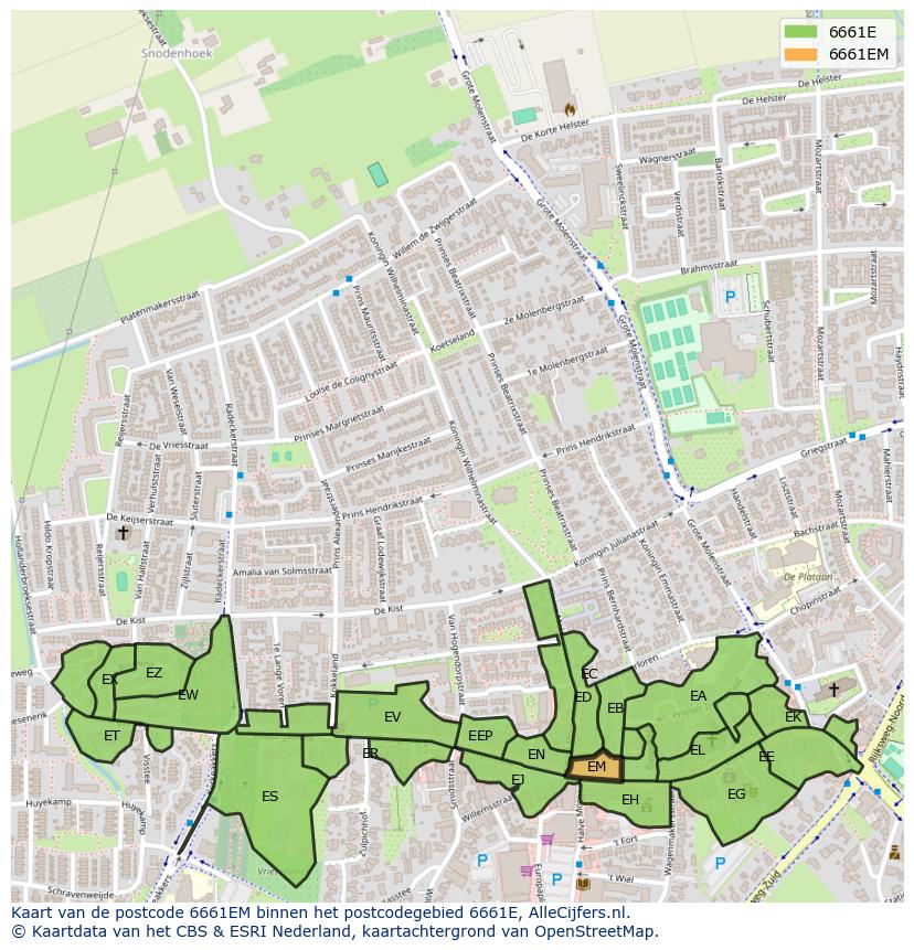 Afbeelding van het postcodegebied 6661 EM op de kaart.