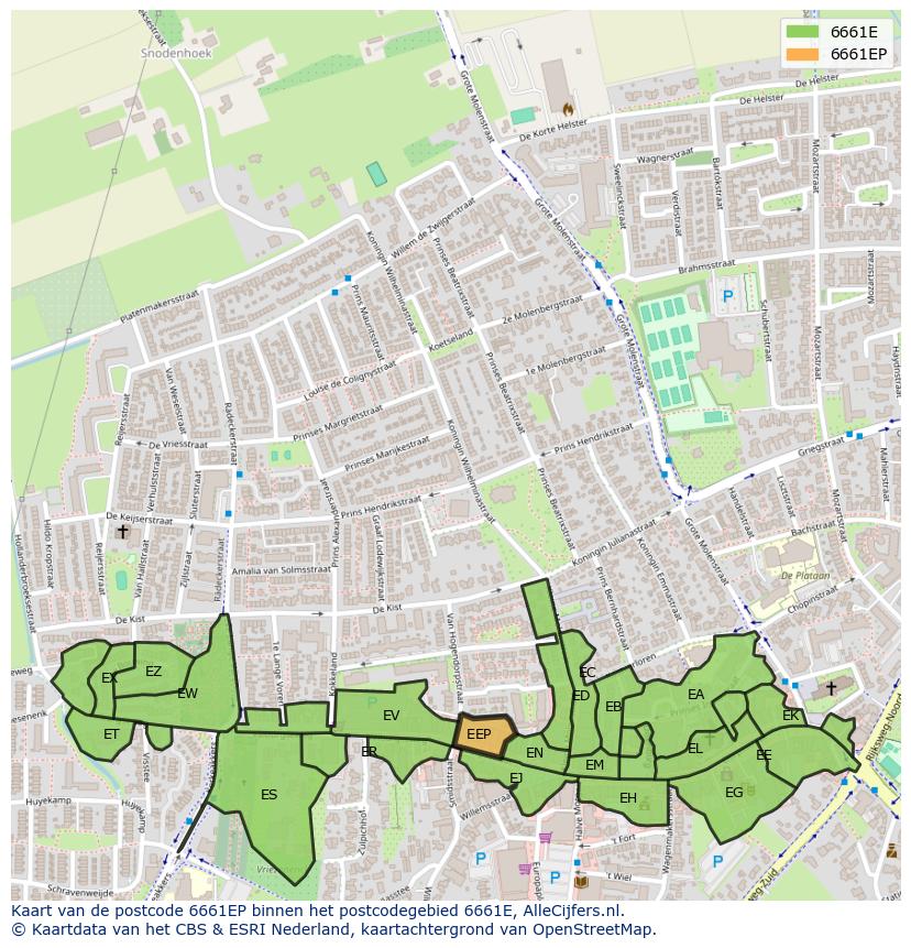 Afbeelding van het postcodegebied 6661 EP op de kaart.