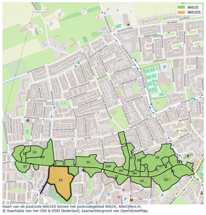Afbeelding van het postcodegebied 6661 ES op de kaart.