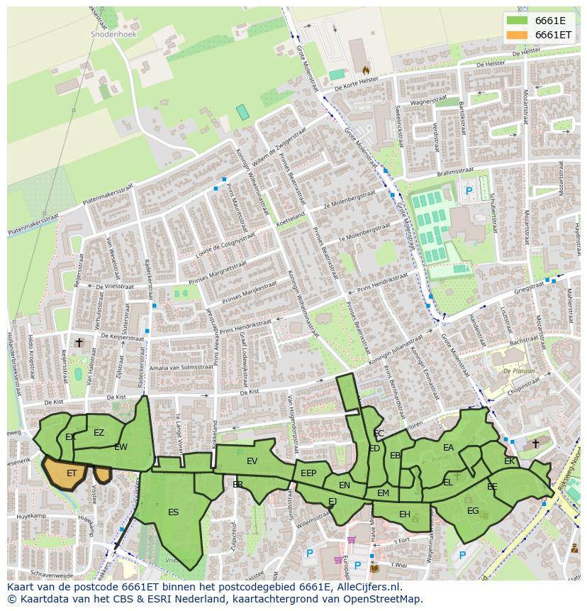 Afbeelding van het postcodegebied 6661 ET op de kaart.