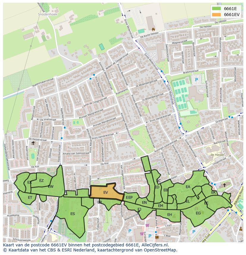 Afbeelding van het postcodegebied 6661 EV op de kaart.