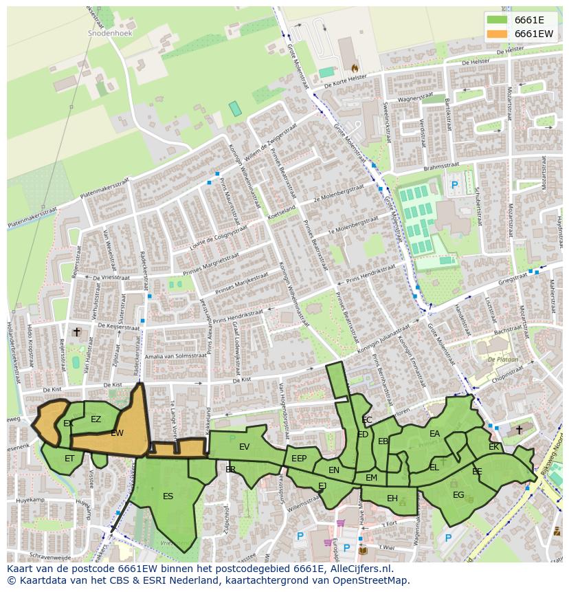 Afbeelding van het postcodegebied 6661 EW op de kaart.