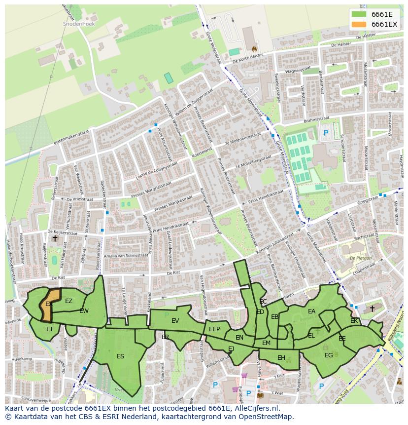Afbeelding van het postcodegebied 6661 EX op de kaart.