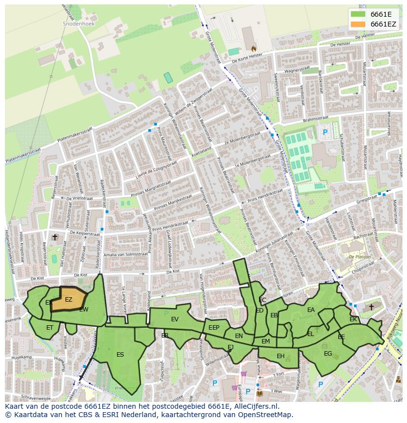 Afbeelding van het postcodegebied 6661 EZ op de kaart.