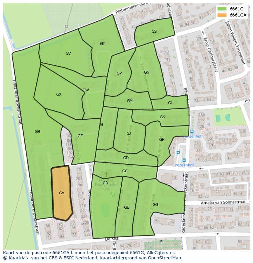 Afbeelding van het postcodegebied 6661 GA op de kaart.