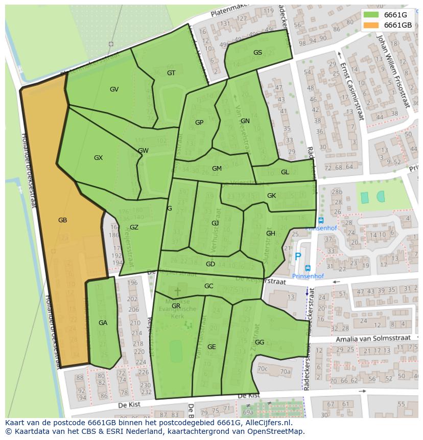 Afbeelding van het postcodegebied 6661 GB op de kaart.