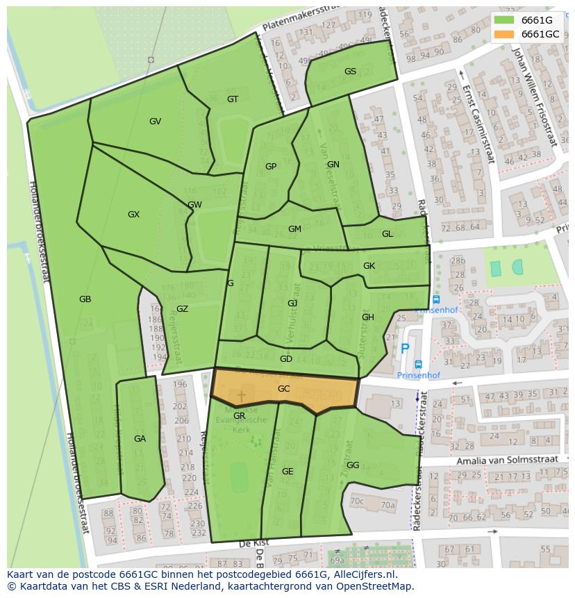 Afbeelding van het postcodegebied 6661 GC op de kaart.