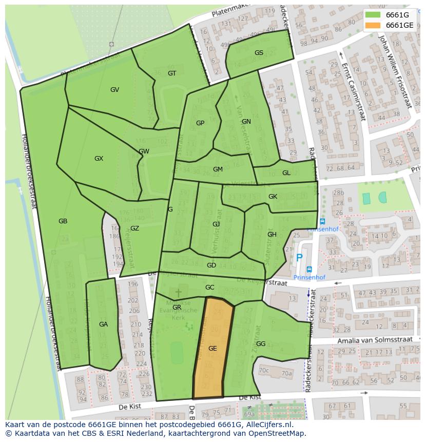 Afbeelding van het postcodegebied 6661 GE op de kaart.