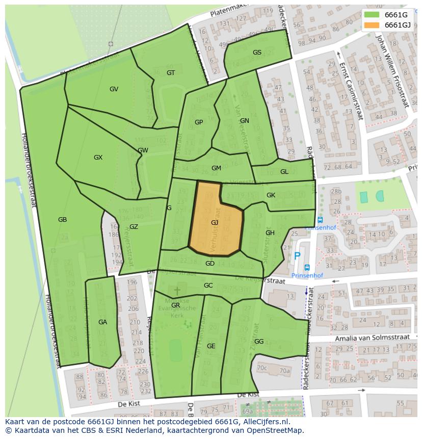 Afbeelding van het postcodegebied 6661 GJ op de kaart.