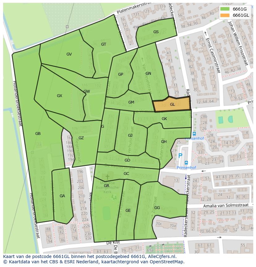 Afbeelding van het postcodegebied 6661 GL op de kaart.
