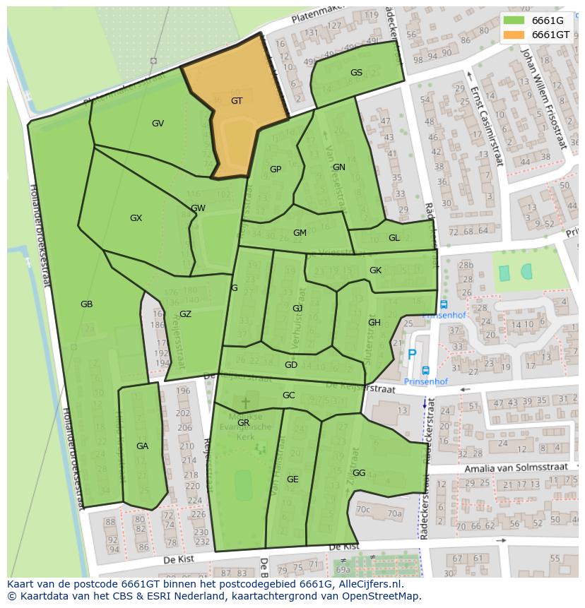 Afbeelding van het postcodegebied 6661 GT op de kaart.