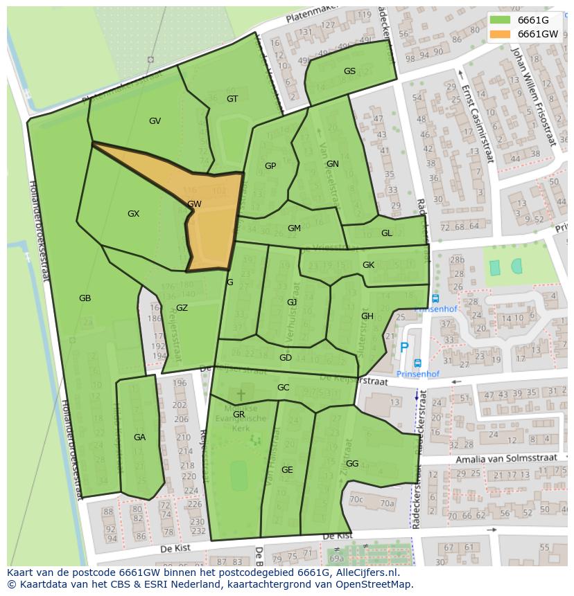 Afbeelding van het postcodegebied 6661 GW op de kaart.