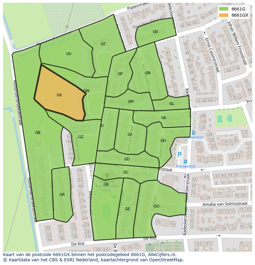 Afbeelding van het postcodegebied 6661 GX op de kaart.