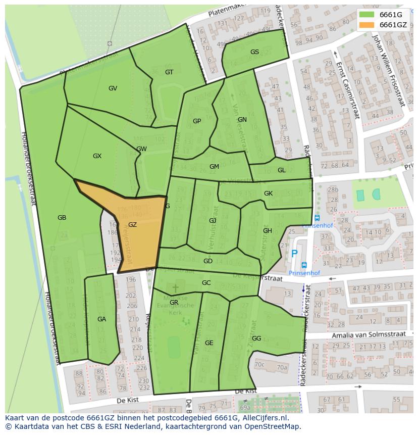 Afbeelding van het postcodegebied 6661 GZ op de kaart.