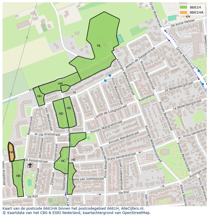 Afbeelding van het postcodegebied 6661 HA op de kaart.