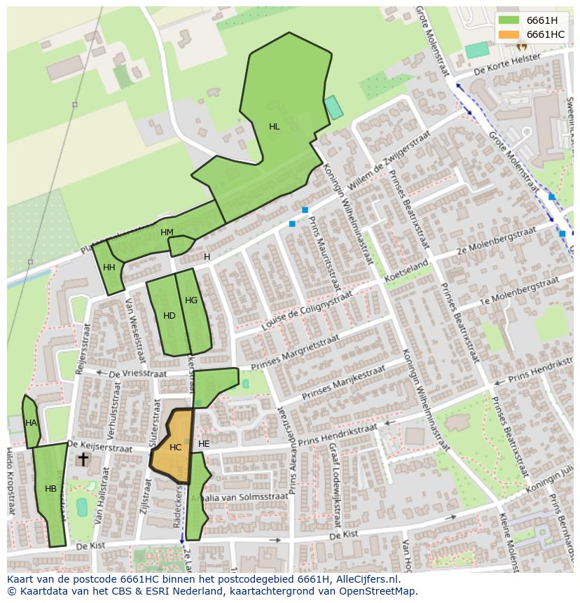 Afbeelding van het postcodegebied 6661 HC op de kaart.