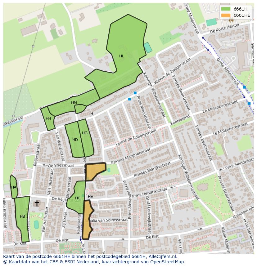Afbeelding van het postcodegebied 6661 HE op de kaart.