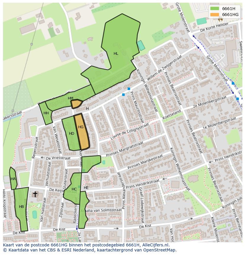 Afbeelding van het postcodegebied 6661 HG op de kaart.