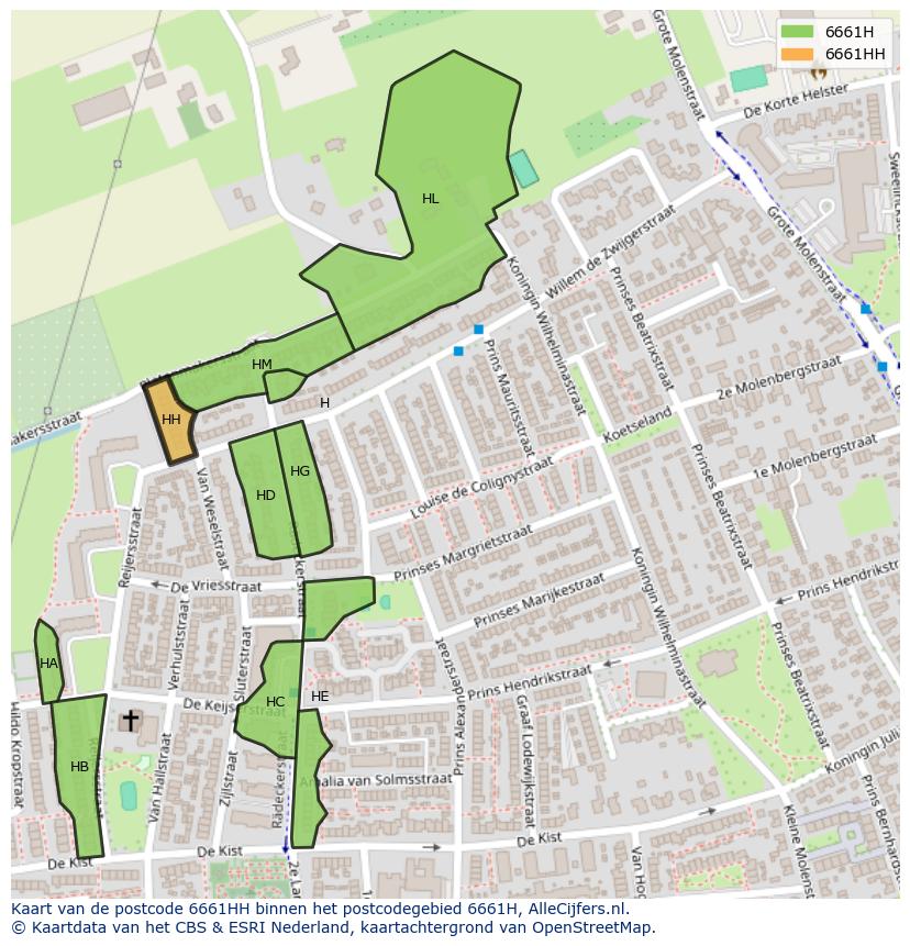 Afbeelding van het postcodegebied 6661 HH op de kaart.