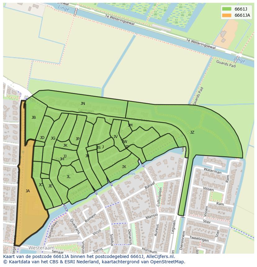 Afbeelding van het postcodegebied 6661 JA op de kaart.