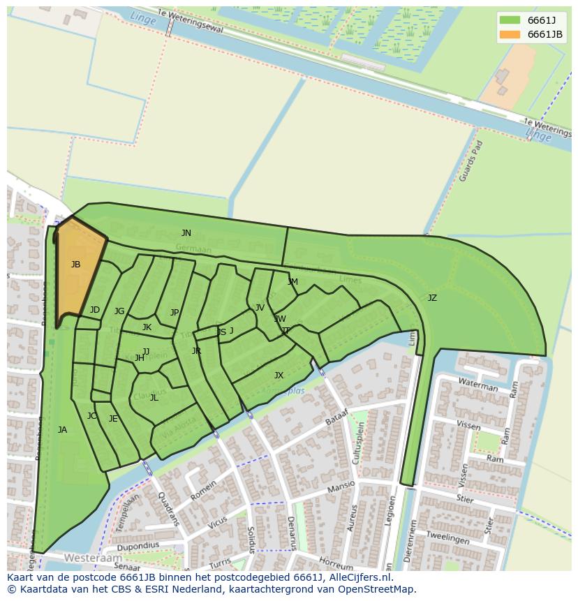Afbeelding van het postcodegebied 6661 JB op de kaart.