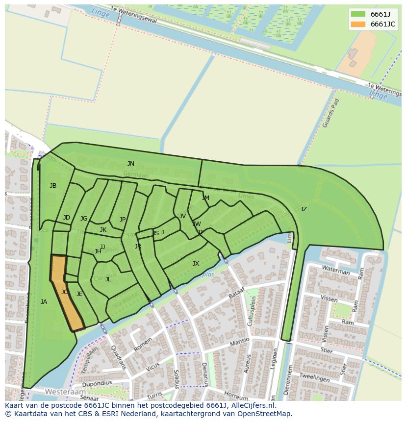 Afbeelding van het postcodegebied 6661 JC op de kaart.