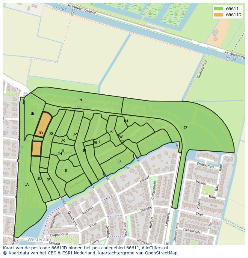 Afbeelding van het postcodegebied 6661 JD op de kaart.