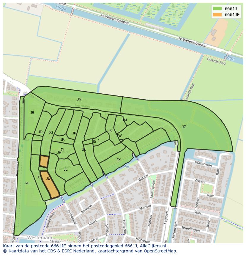 Afbeelding van het postcodegebied 6661 JE op de kaart.
